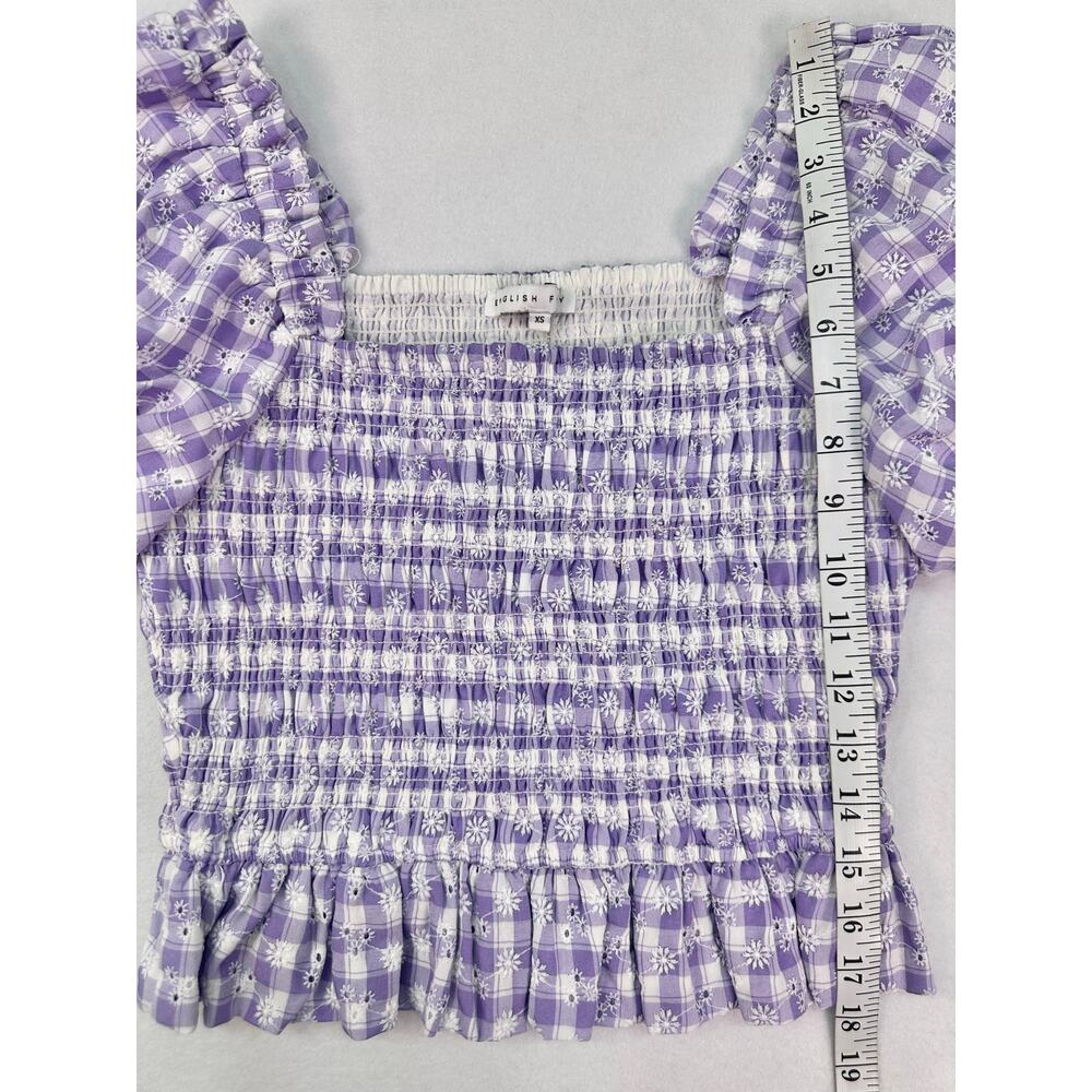 NWOT English Factory Smocked Gingham Puff Sleeve Blouse Square Neck Lavender XS - Picture 7 of 9